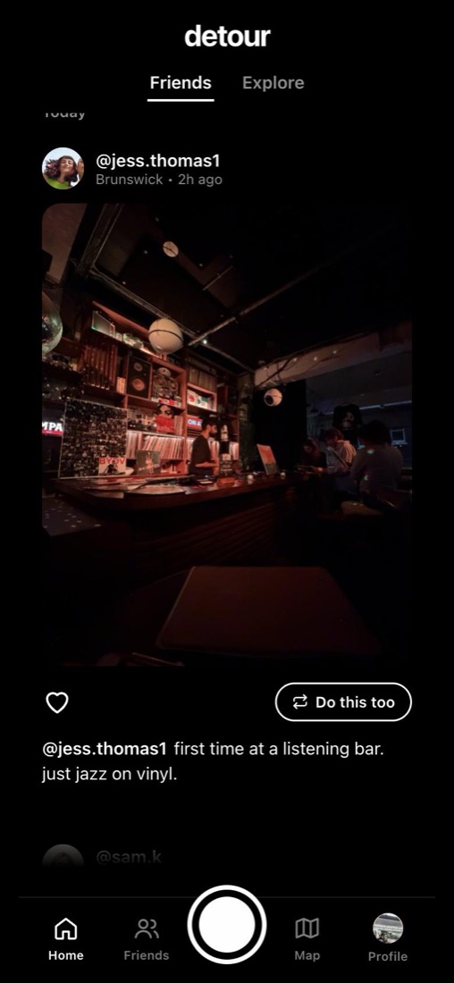 The Detour friends feed showing Jess's post from a listening bar, with a Do this too button