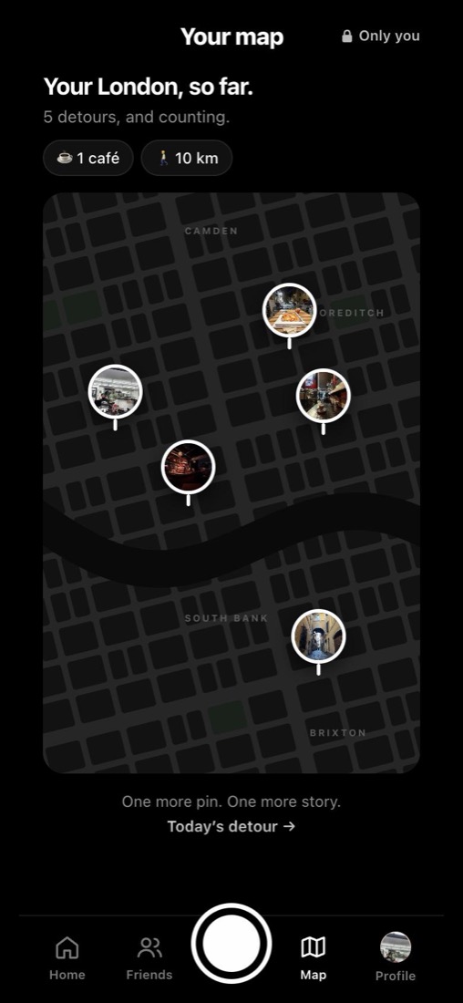 The private map in the Detour app: Your London, so far, with photo pins on each place you found